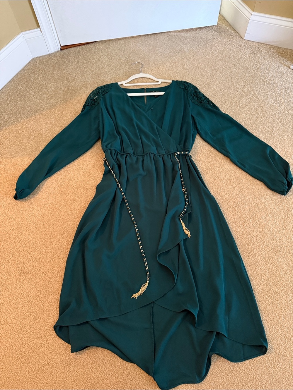 Thalia Sodi Dark Teal Long-Sleeve Wrap Dress with Chain Belt